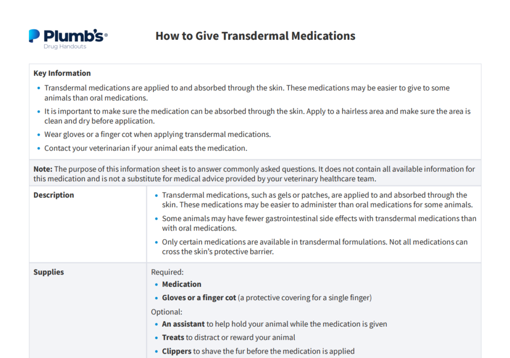 Plumb’s drug handout explains how to safely give transdermal medications, including application, supplies, and precautions.